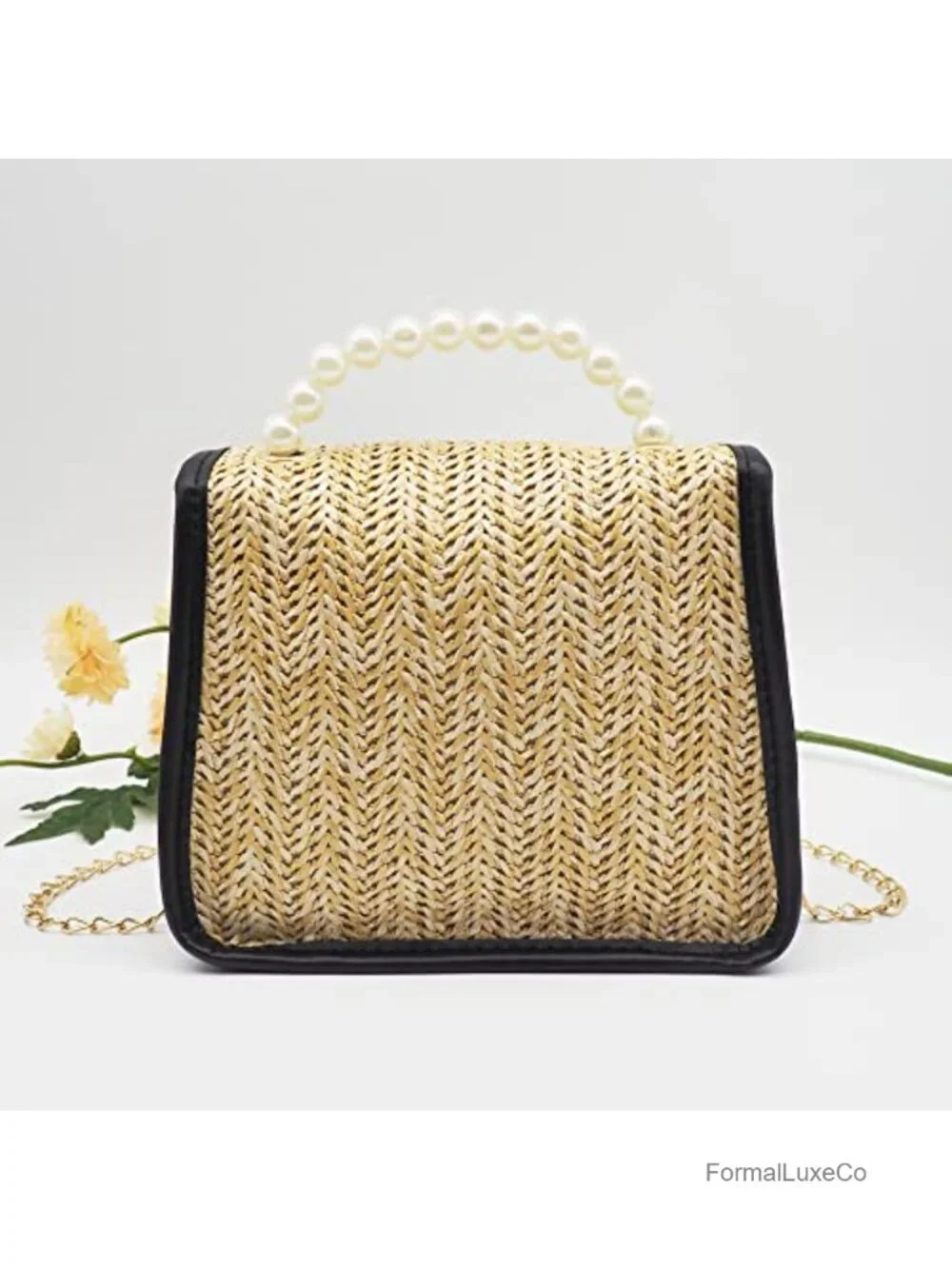 Mini Straw Crossbody Bag with Pearl Handle Summer Woven Handbag